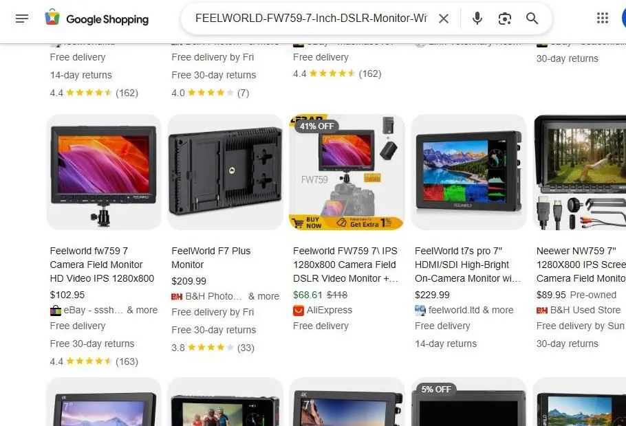 A Google Shopping search results page for 7 inch DSLR field monitors