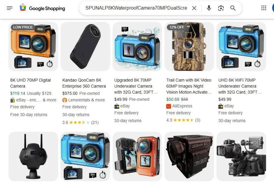 A Google Shopping search results page for 8K waterproof cameras