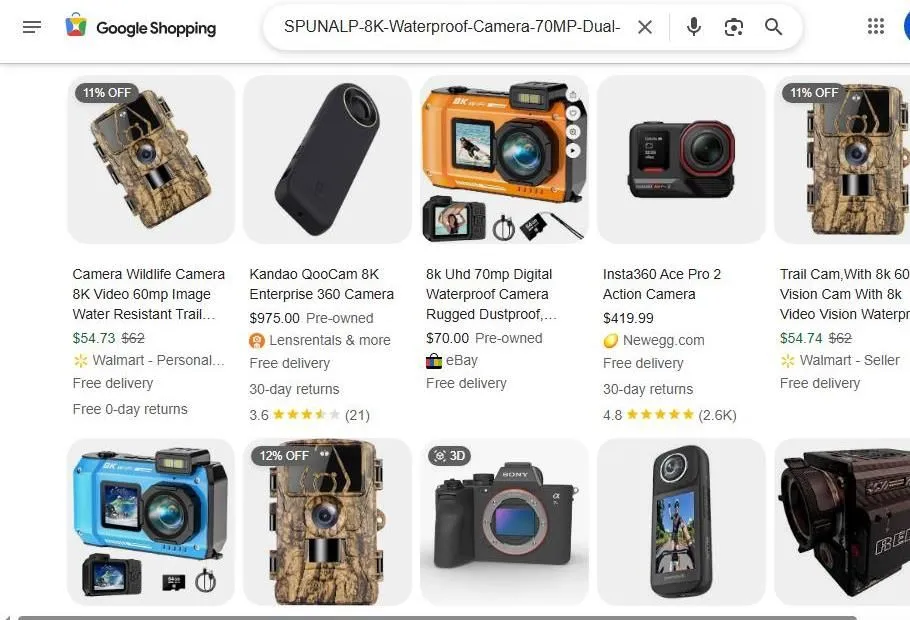 A Google Shopping search results page for 8K waterproof cameras.