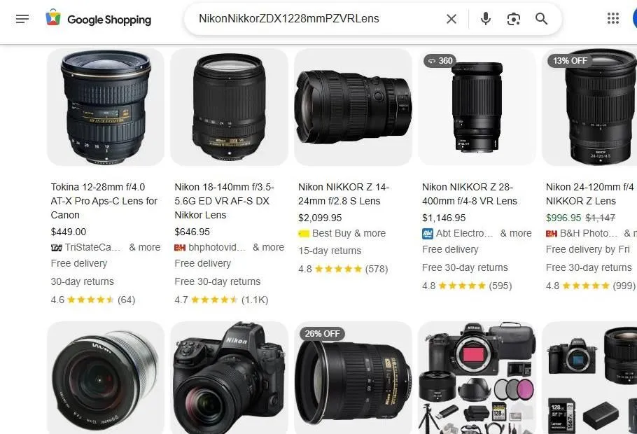 A Google Shopping search results page for a Nikon Nikkor Z 12-28mm lens.