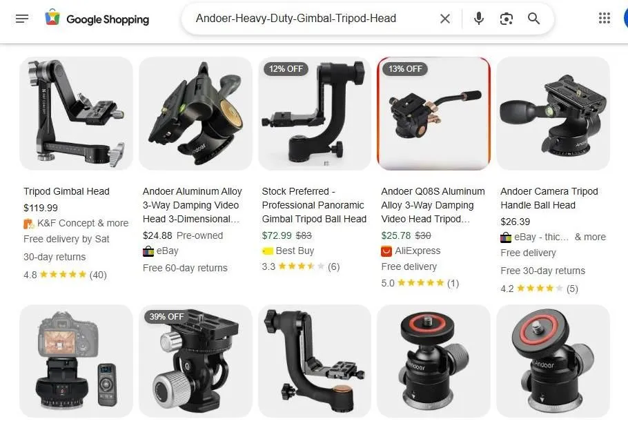 A Google Shopping search results page for Andoer tripod heads