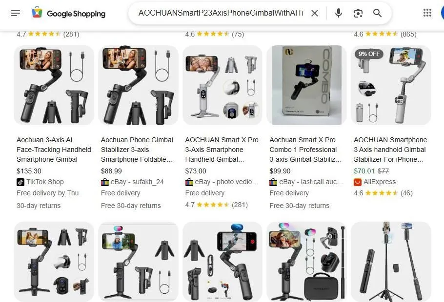 A Google Shopping search results page for Aochuan smartphone gimbals