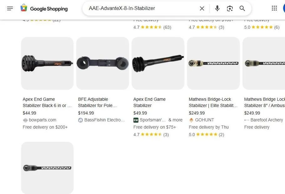A Google Shopping search results page for archery stabilizers