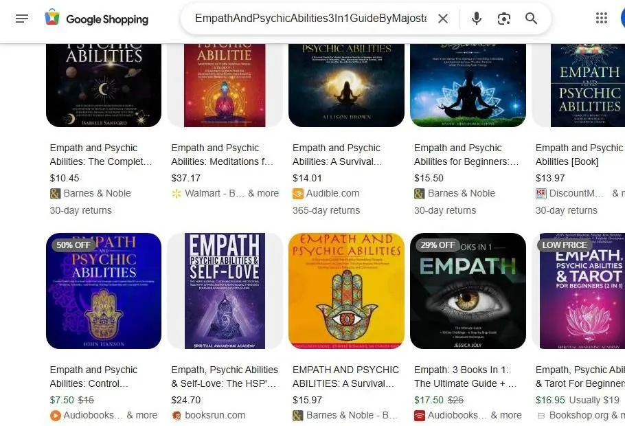 A Google Shopping search results page for books about empath and psychic abilities.