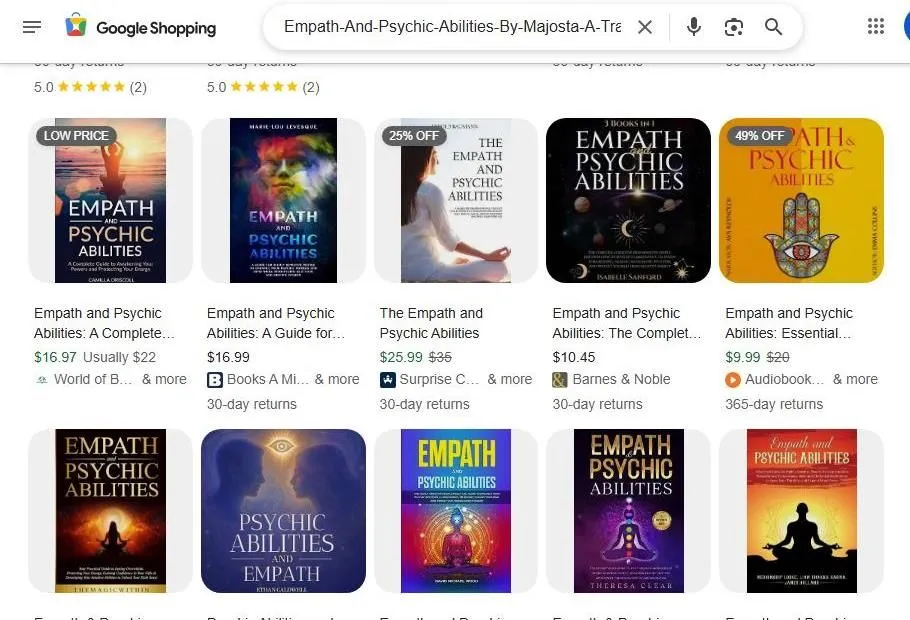 A Google Shopping search results page for books about empath and psychic abilities