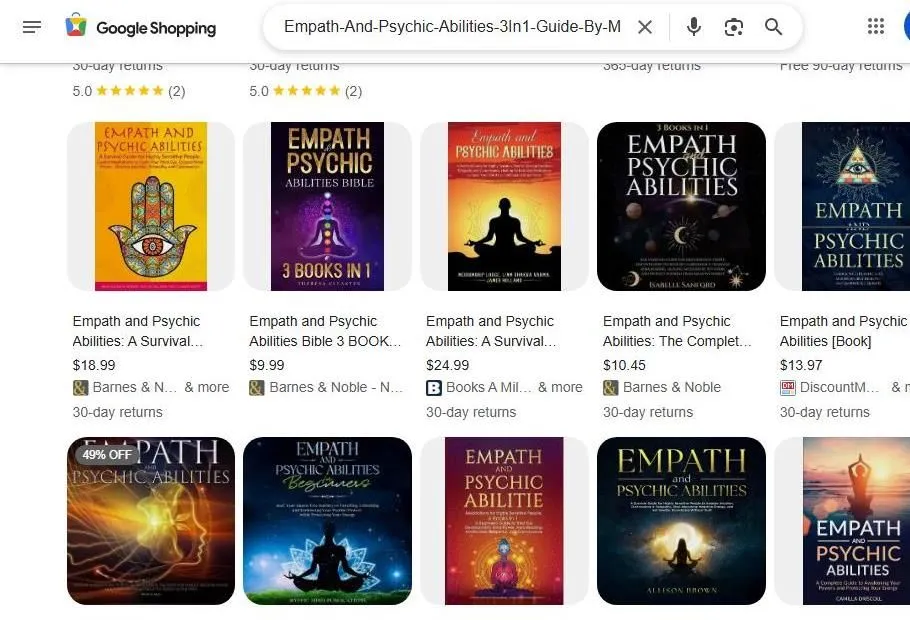A Google Shopping search results page for books on empaths and psychic abilities