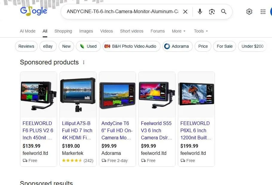 A Google Shopping search results page for camera monitors