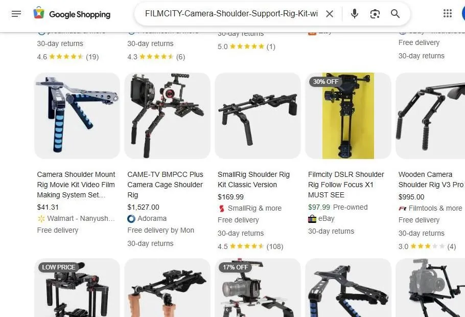 A Google Shopping search results page for camera shoulder support rig kits.