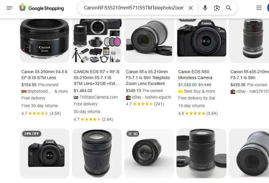 A Google Shopping search results page for Canon telephoto zoom lenses