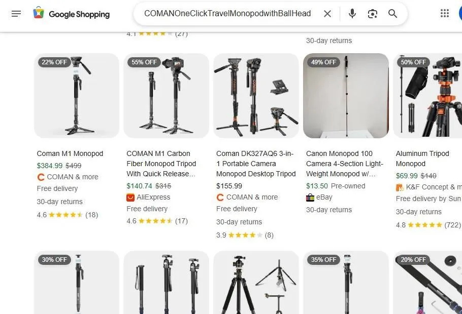 A Google Shopping search results page for Coman travel monopods