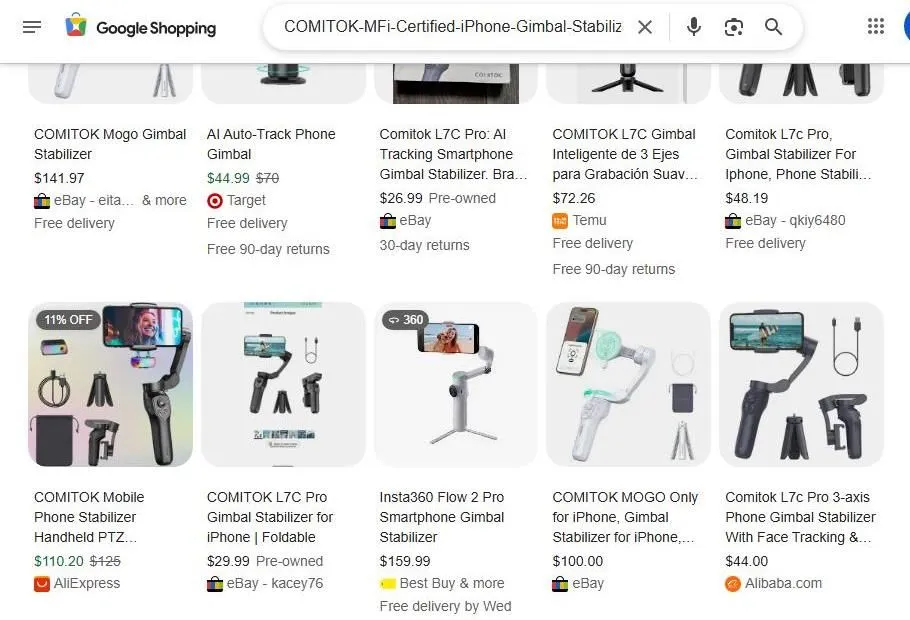 A Google Shopping search results page for Comitok smartphone gimbals