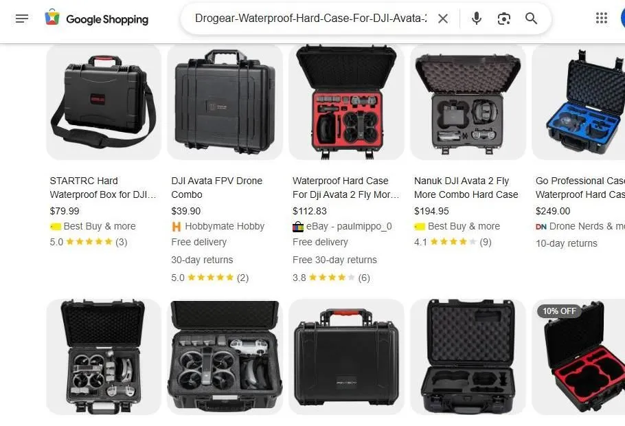 A Google Shopping search results page for DJI Avata drone hard cases