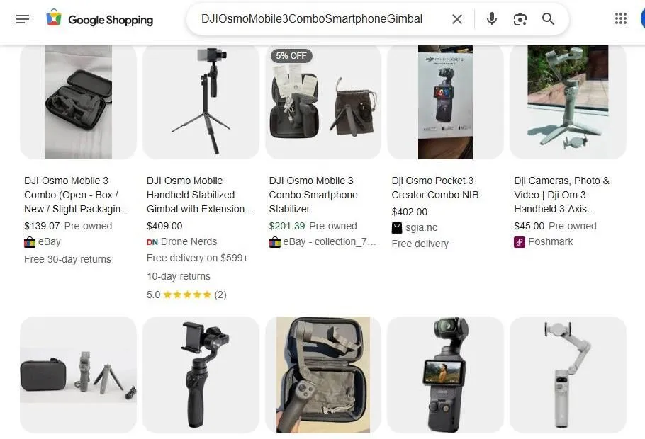 A Google Shopping search results page for DJI Osmo Mobile 3 gimbal products
