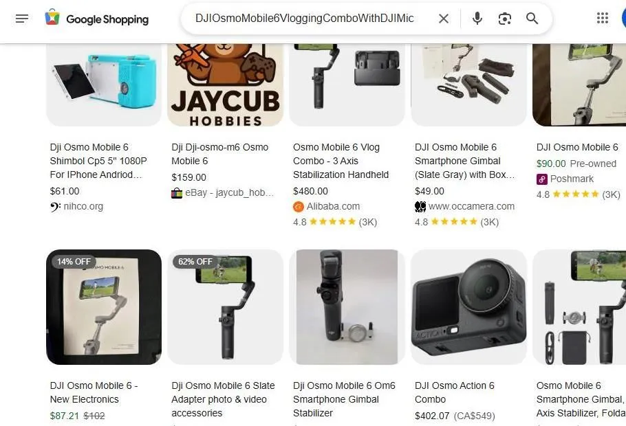 A Google Shopping search results page for DJI Osmo Mobile 6 products