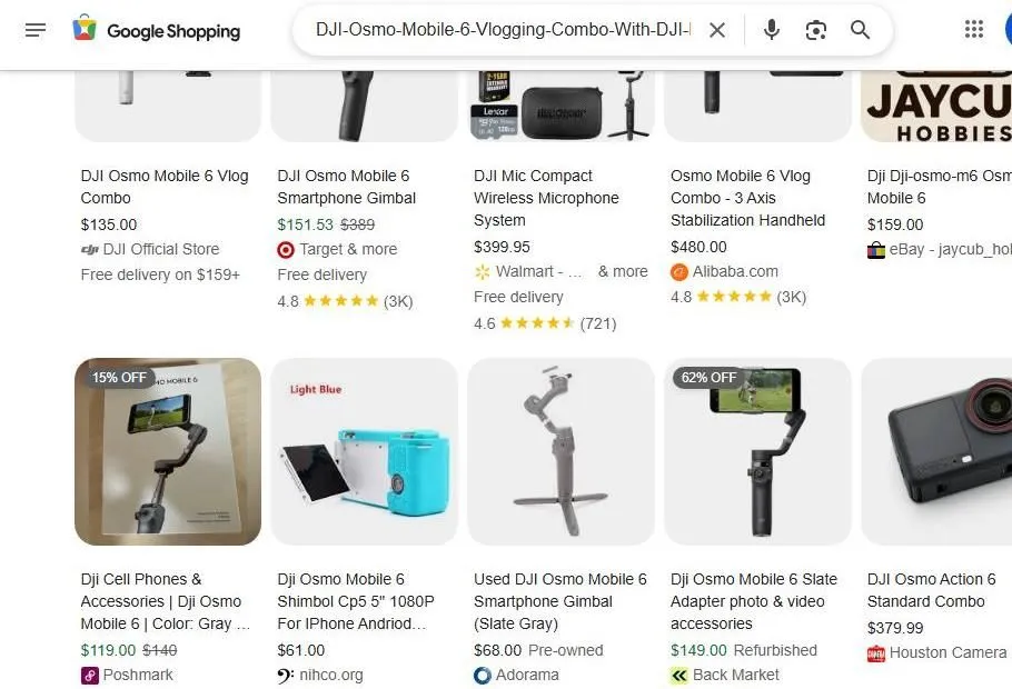 A Google Shopping search results page for DJI Osmo Mobile 6 products