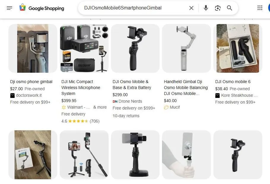 A Google Shopping search results page for DJI Osmo Mobile 6 smartphone gimbals