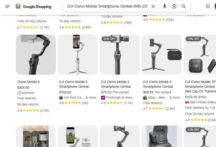 A Google Shopping search results page for DJI Osmo Mobile smartphone gimbals