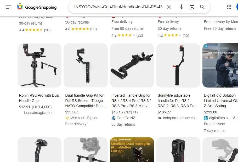 A Google Shopping search results page for DJI Ronin gimbal accessories