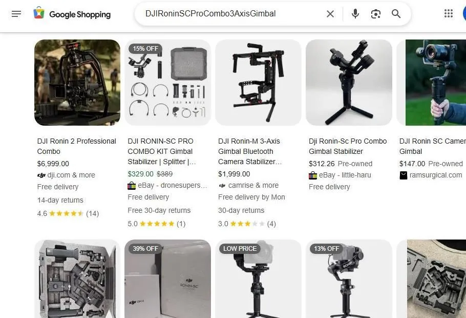 A Google Shopping search results page for DJI Ronin gimbal stabilizers