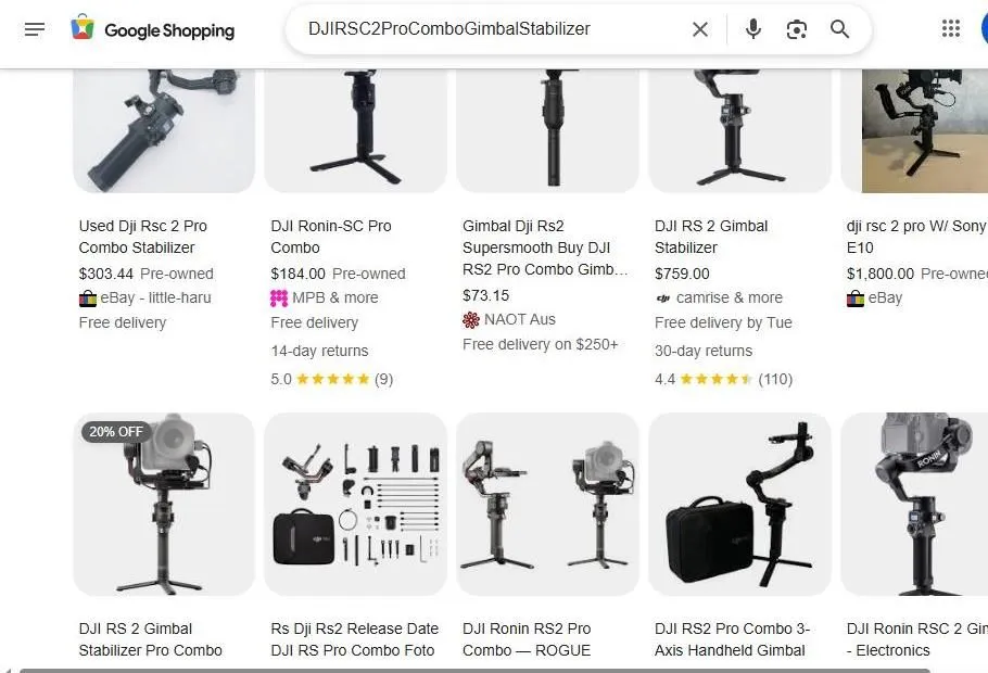 A Google Shopping search results page for DJI Ronin gimbal stabilizers.