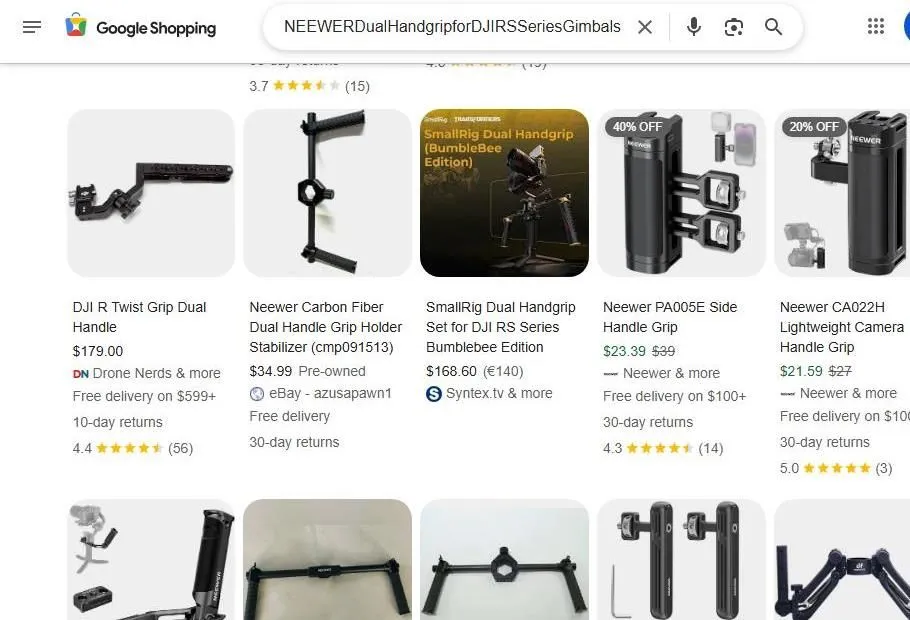 A Google Shopping search results page for DJI RS series dual handgrips