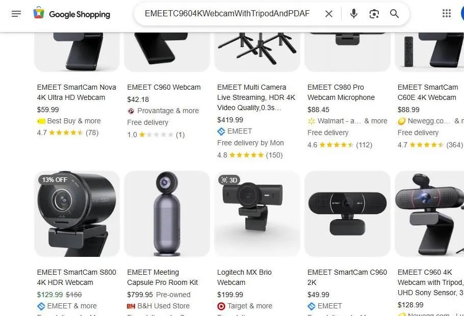 A Google Shopping search results page for EMEET 4K webcams