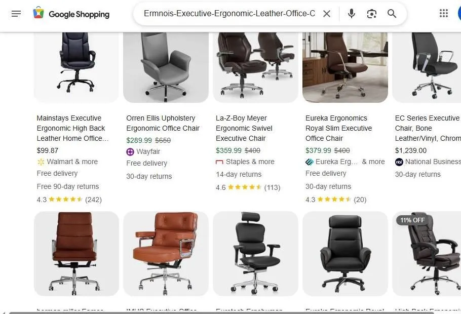 A Google Shopping search results page for executive ergonomic leather office chairs
