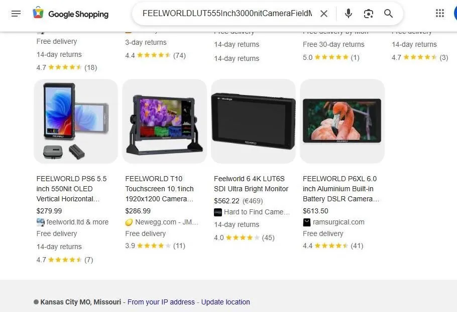 A Google Shopping search results page for Feelworld camera monitors