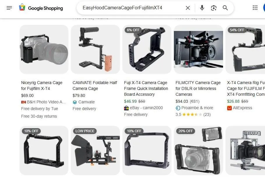 A Google Shopping search results page for Fujifilm X-T4 camera cages