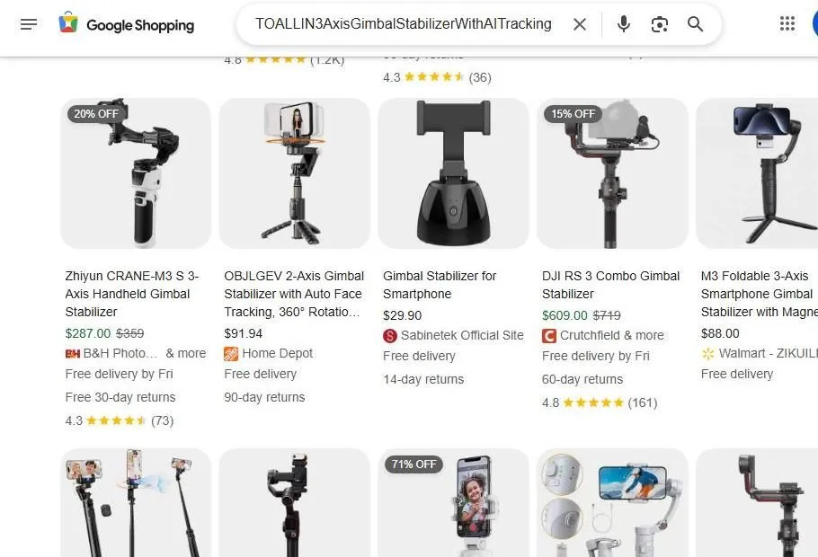 A Google Shopping search results page for gimbal stabilizers