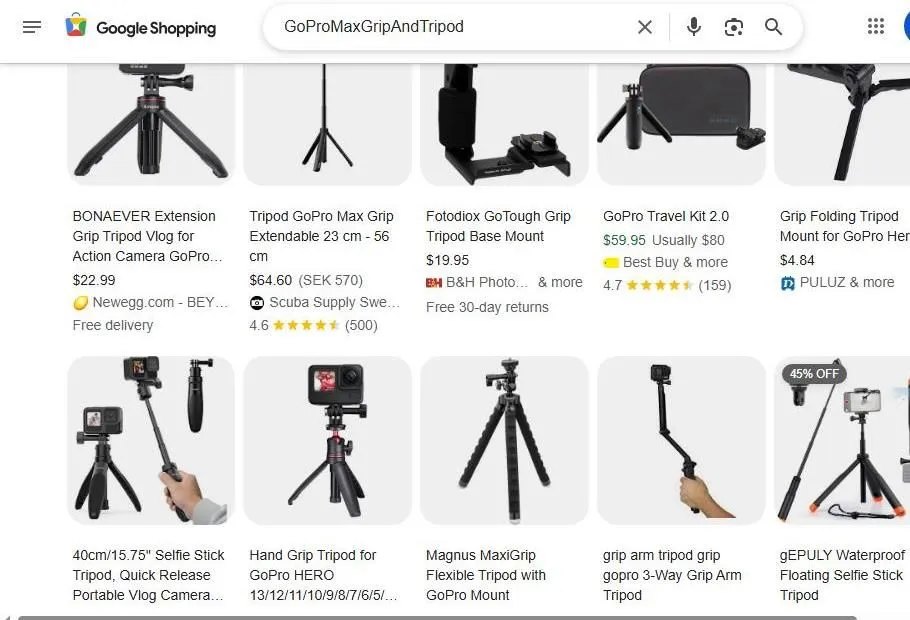 A Google Shopping search results page for GoPro camera grips and tripods