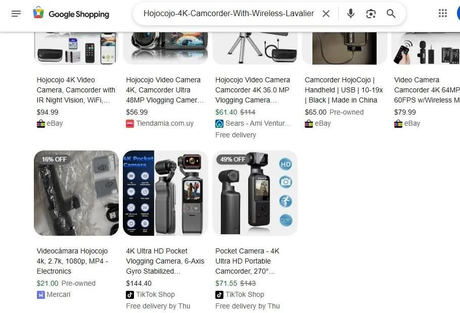 A Google Shopping search results page for Hojocojo 4K camcorders