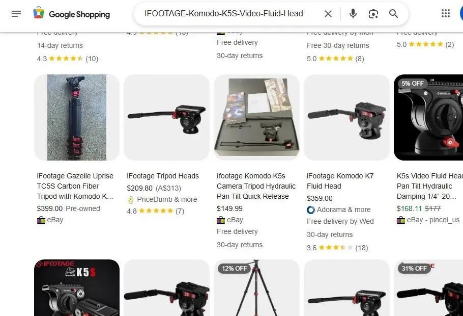 A Google Shopping search results page for iFootage Komodo video fluid heads