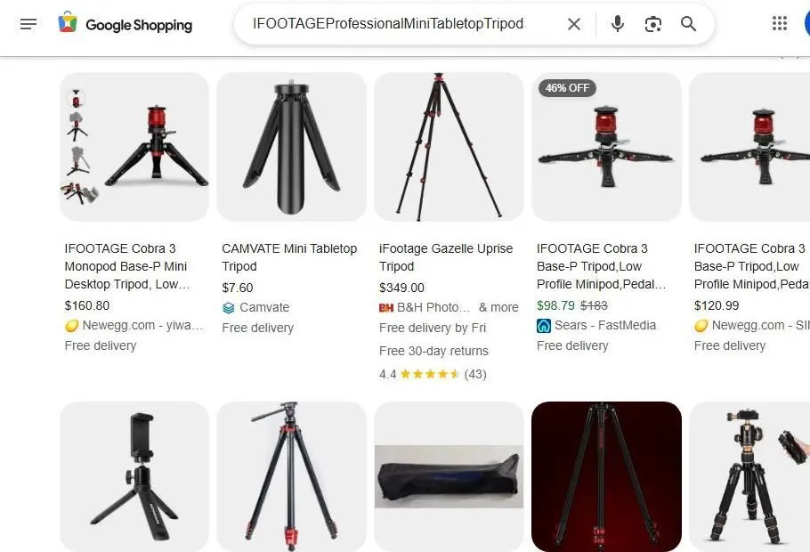 A Google Shopping search results page for iFootage tabletop tripods