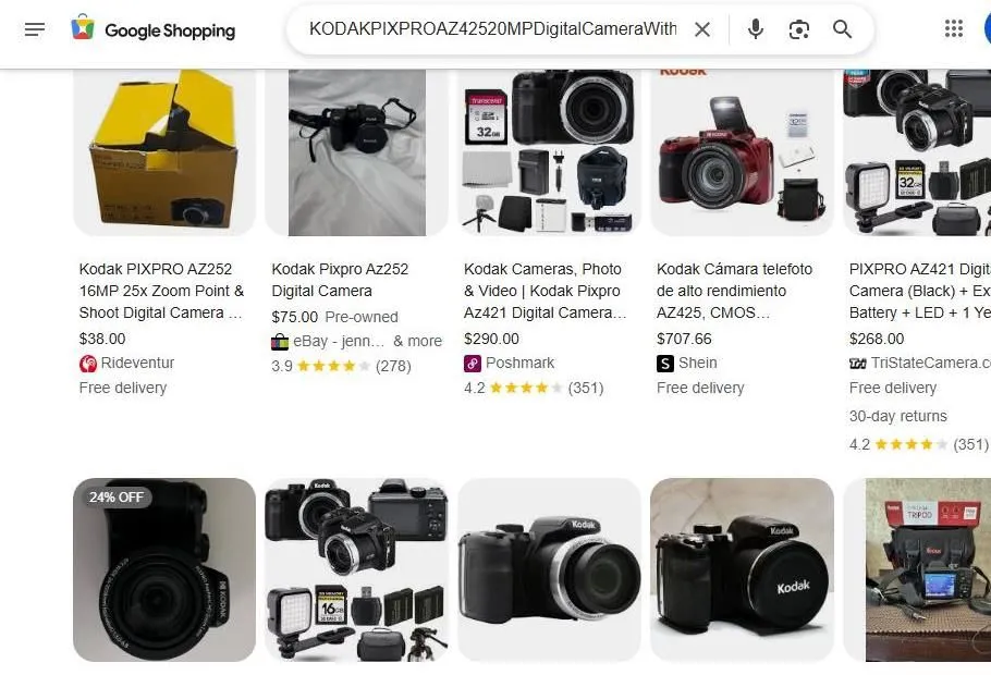 A Google Shopping search results page for Kodak PIXPRO digital cameras.