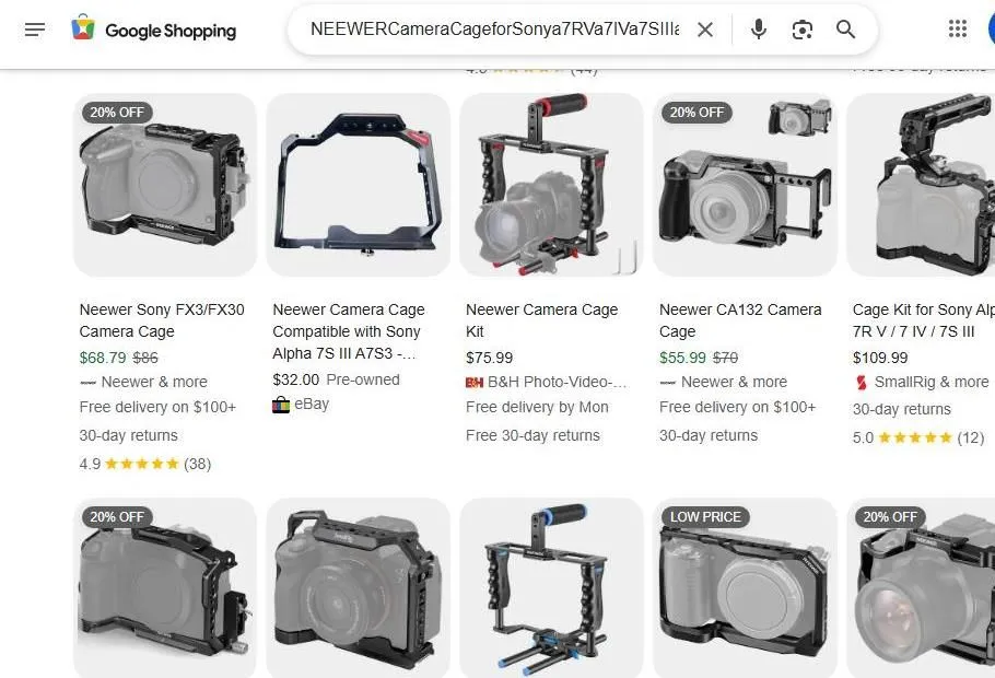 A Google Shopping search results page for Neewer camera cages