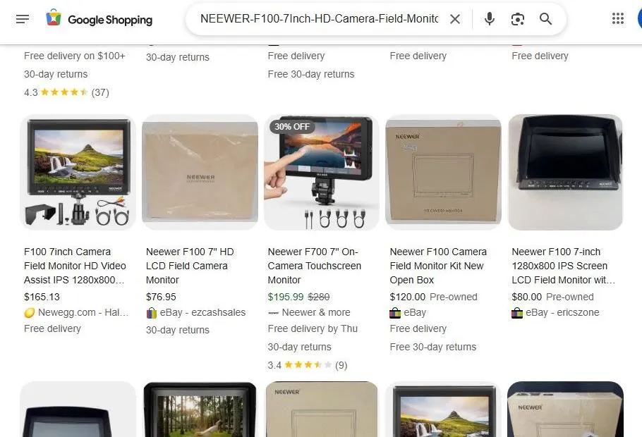 A Google Shopping search results page for Neewer camera field monitors