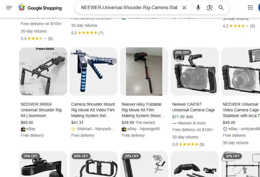A Google Shopping search results page for Neewer camera shoulder rigs and cages