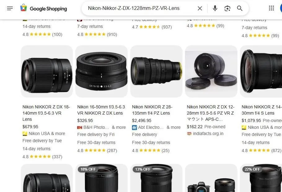 A Google Shopping search results page for Nikon Nikkor Z DX lenses