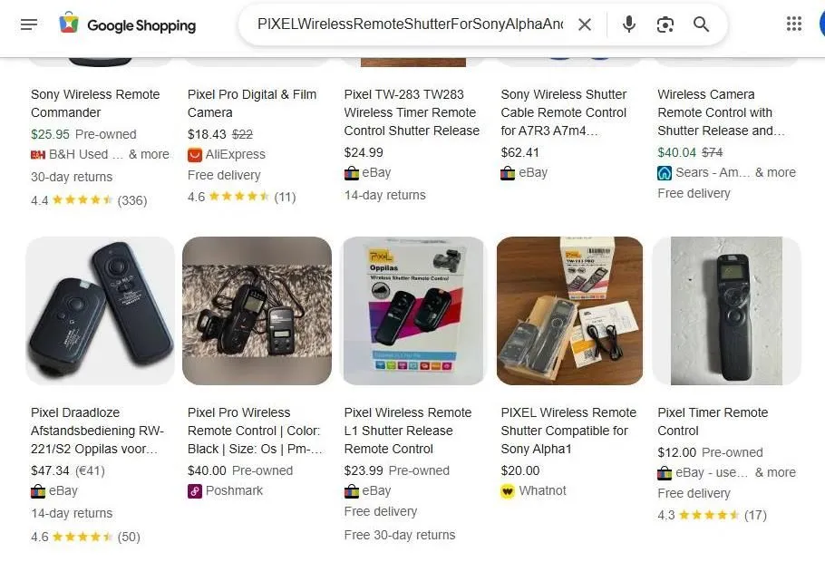 A Google Shopping search results page for Pixel wireless remote camera shutters
