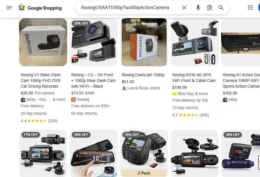 A Google Shopping search results page for Rexing dash cams