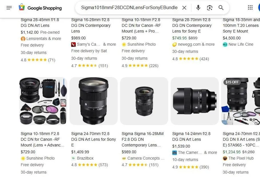 A Google Shopping search results page for Sigma camera lenses