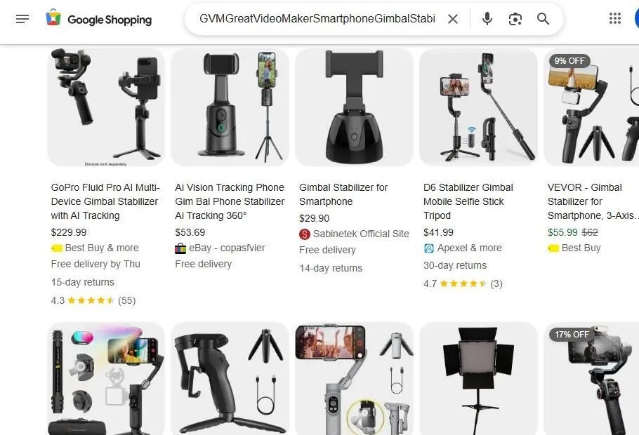 A Google Shopping search results page for smartphone gimbal stabilizers