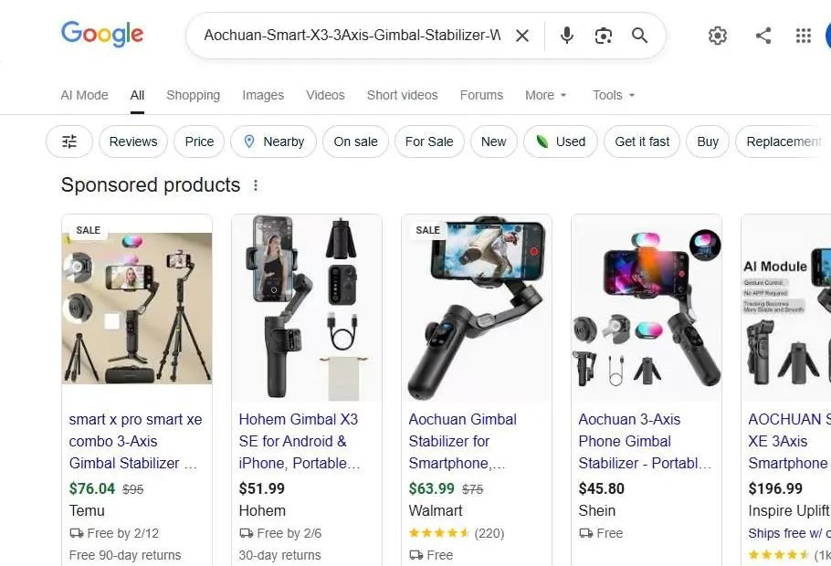 A Google Shopping search results page for smartphone gimbal stabilizers