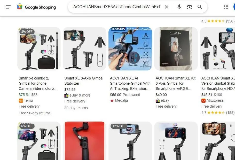 A Google Shopping search results page for smartphone gimbals