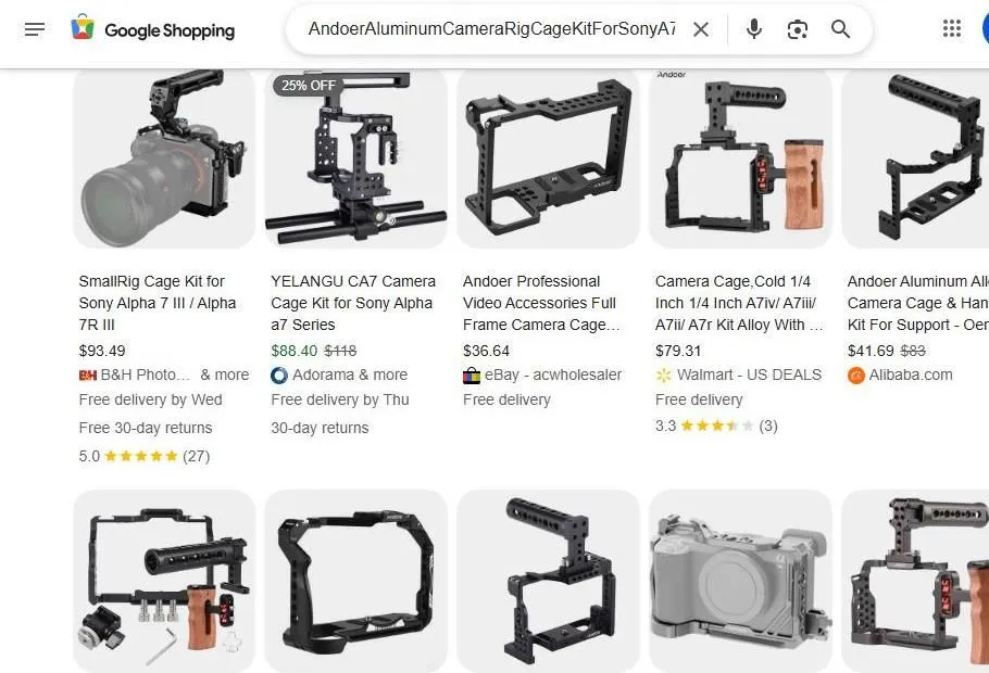 A Google Shopping search results page for Sony A7 camera cage kits