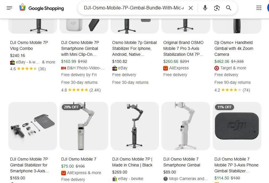 A Google Shopping search results page for the DJI Osmo Mobile 7P gimbal