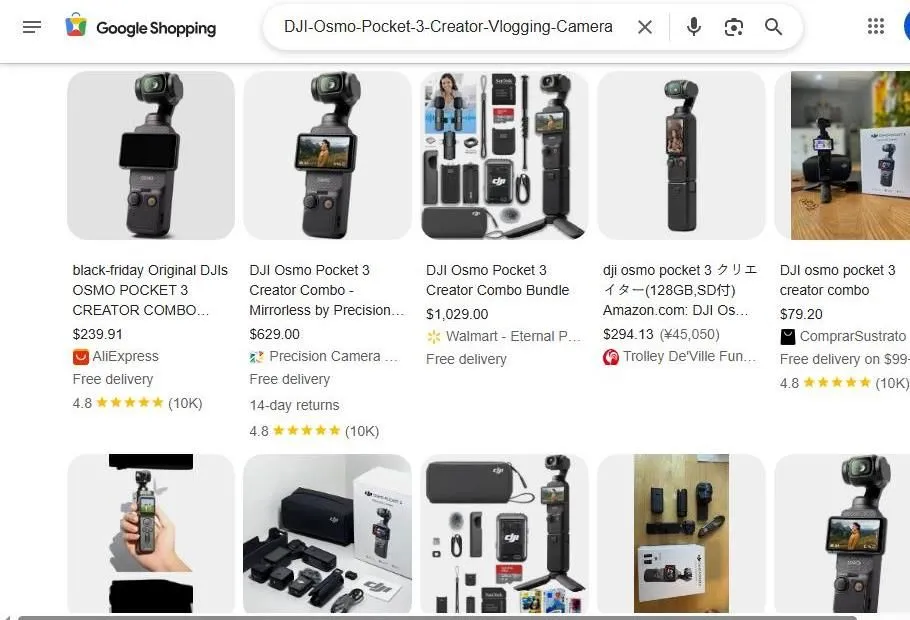 A Google Shopping search results page for the DJI Osmo Pocket 3 Creator Combo