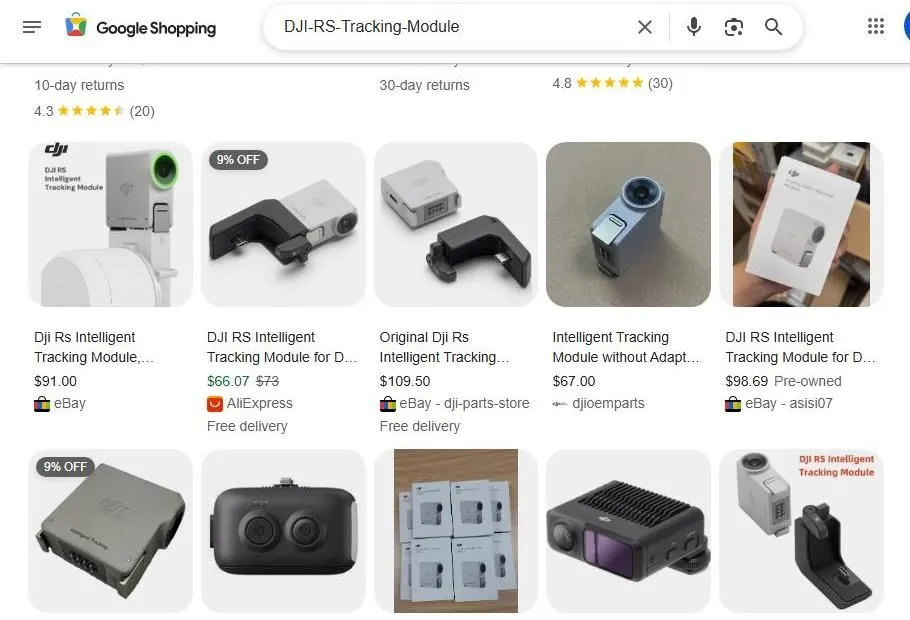 A Google Shopping search results page for the DJI RS Intelligent Tracking Module.