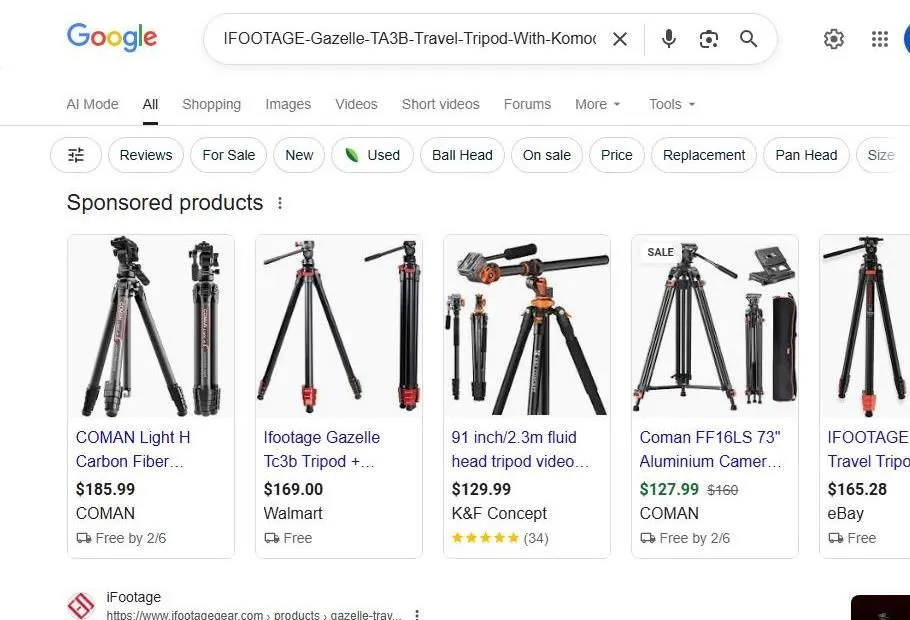 A Google Shopping search results page for travel tripods